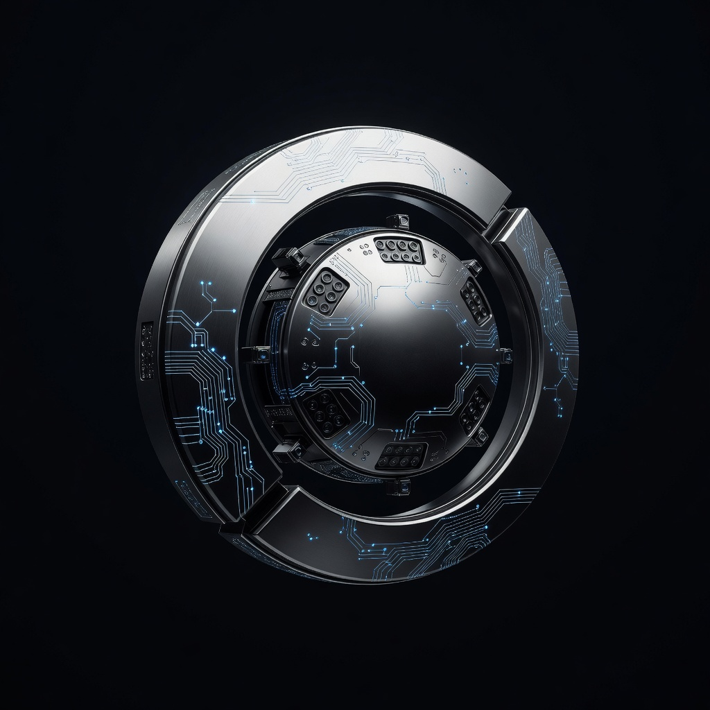 Official VoidSync token logo: a brushed silver orbital ring with illuminated blue circuits