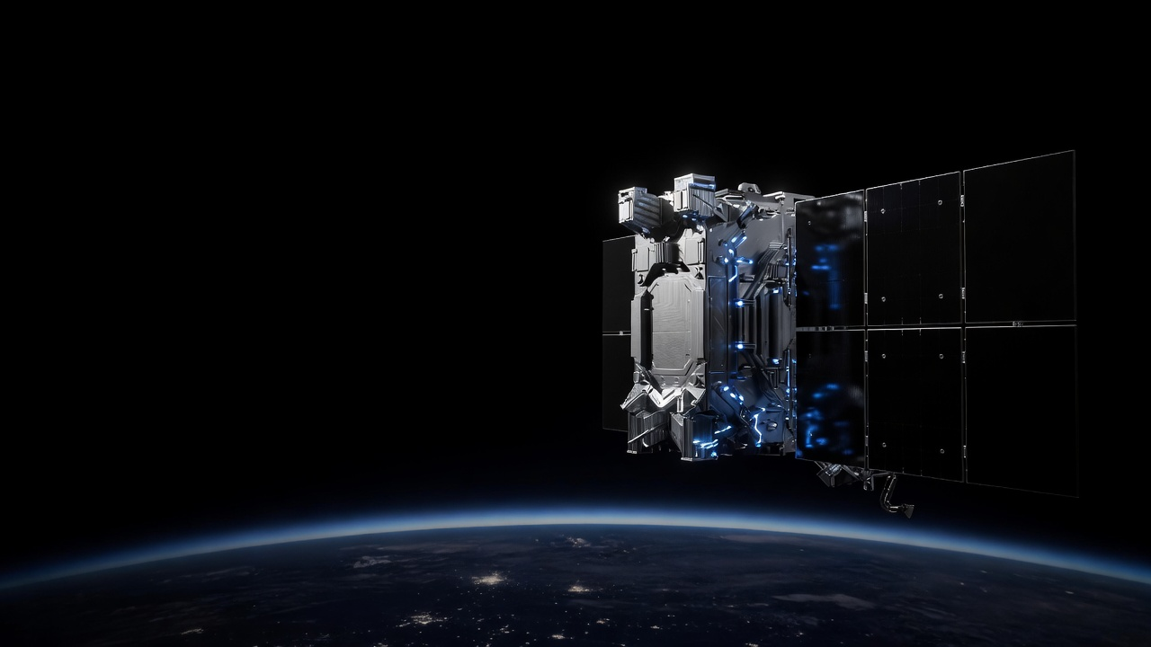 Silver Earth observation satellite above the blue atmospheric curve of Earth