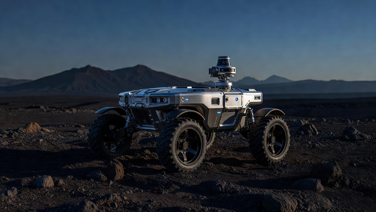 Civilian autonomous rover with precision sensors on a volcanic landscape